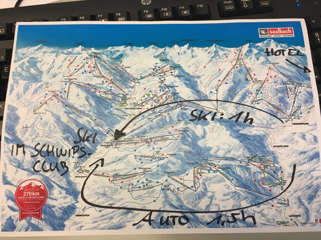 Mein Dilemma als Grafik... 1h mit Ski, 1,5 h mit dem Auto außenrum. 